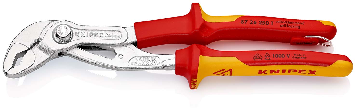 KNIPEX 87 26 250 T Cobra® VDE Hightech-Wasserpumpenzange, isoliert 250 mm verchromt isoliert mit Mehrkomponenten-Hüllen und integrierter Befestigungsöse, VDE-geprüft Produktbild img1 L