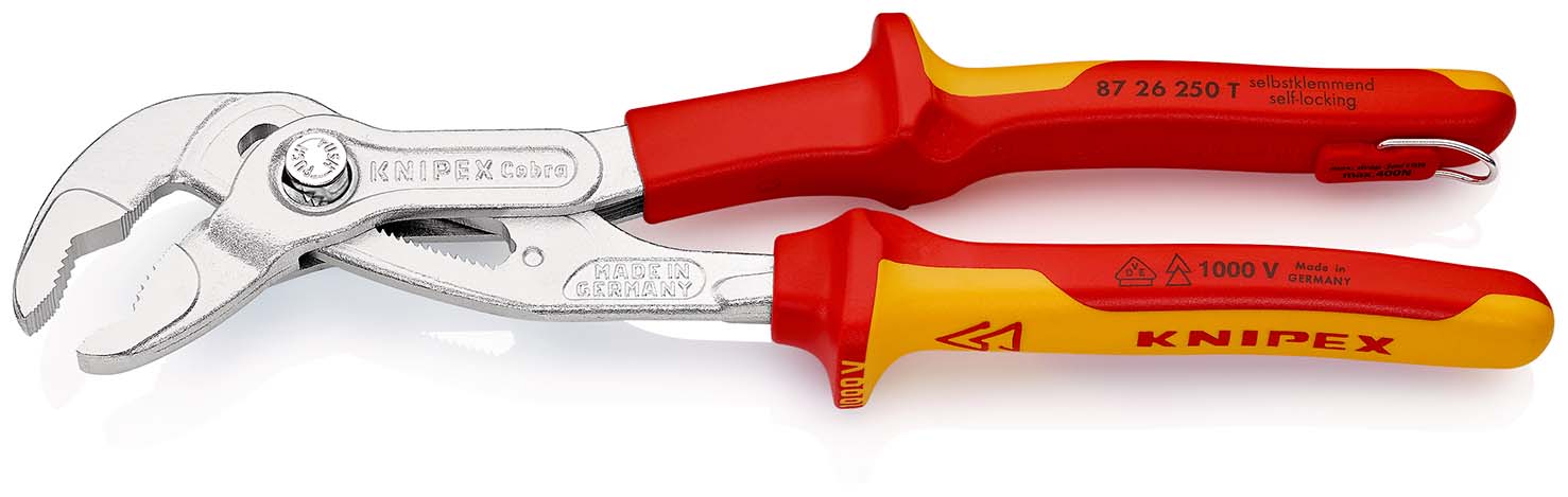 KNIPEX 87 26 250 T Cobra® VDE Hightech-Wasserpumpenzange, isoliert 250 mm verchromt isoliert mit Mehrkomponenten-Hüllen und integrierter Befestigungsöse, VDE-geprüft Produktbild img2 L