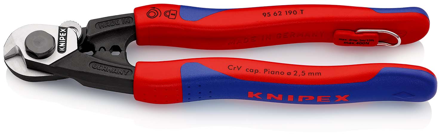 KNIPEX 95 62 190 T Drahtseilschere geschmiedet 190 mm mit Mehrkomponenten-Hüllen, mit integrierter Befestigungsöse zum Anbringen einer Absturzsicherung brüniert Produktbild img1 L