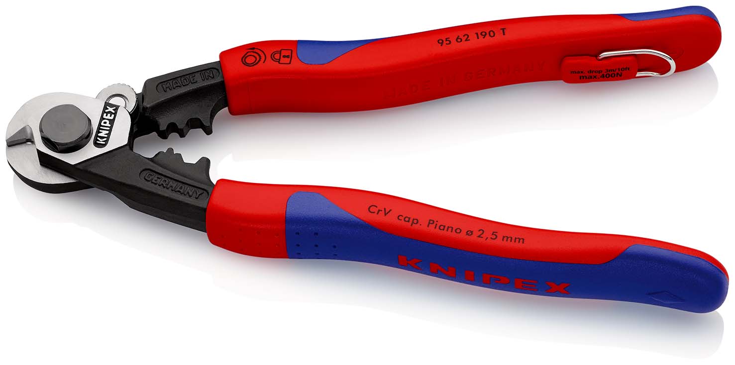 KNIPEX 95 62 190 T Drahtseilschere geschmiedet 190 mm mit Mehrkomponenten-Hüllen, mit integrierter Befestigungsöse zum Anbringen einer Absturzsicherung brüniert Produktbild img2 L