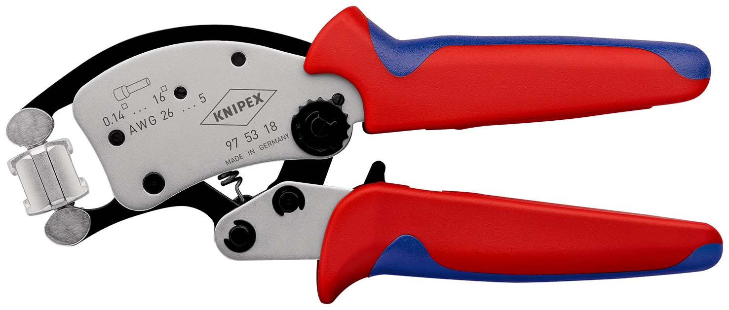 KNIPEX 97 53 18 SB Twistor16® Selbsteinstellende Crimpzange für Aderendhülsen mit drehbarem Crimpkopf 200 mm verchromt mit Mehrkomponenten-Hüllen Produktbild img1 L