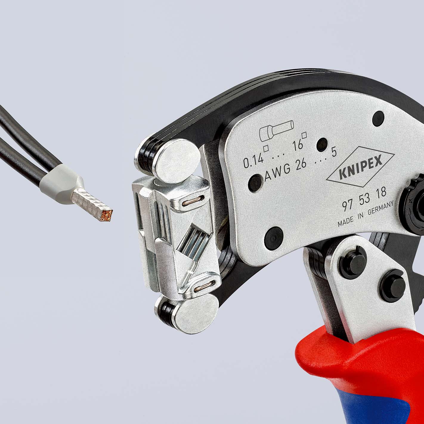 KNIPEX 97 53 18 SB Twistor16® Selbsteinstellende Crimpzange für Aderendhülsen mit drehbarem Crimpkopf 200 mm verchromt mit Mehrkomponenten-Hüllen Produktbild img6 L