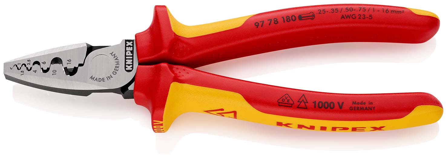 KNIPEX 97 78 180 Crimpzange für Aderendhülsen 180 mm isoliert mit Mehrkomponenten-Hüllen, VDE-geprüft poliert Produktbild img1 L