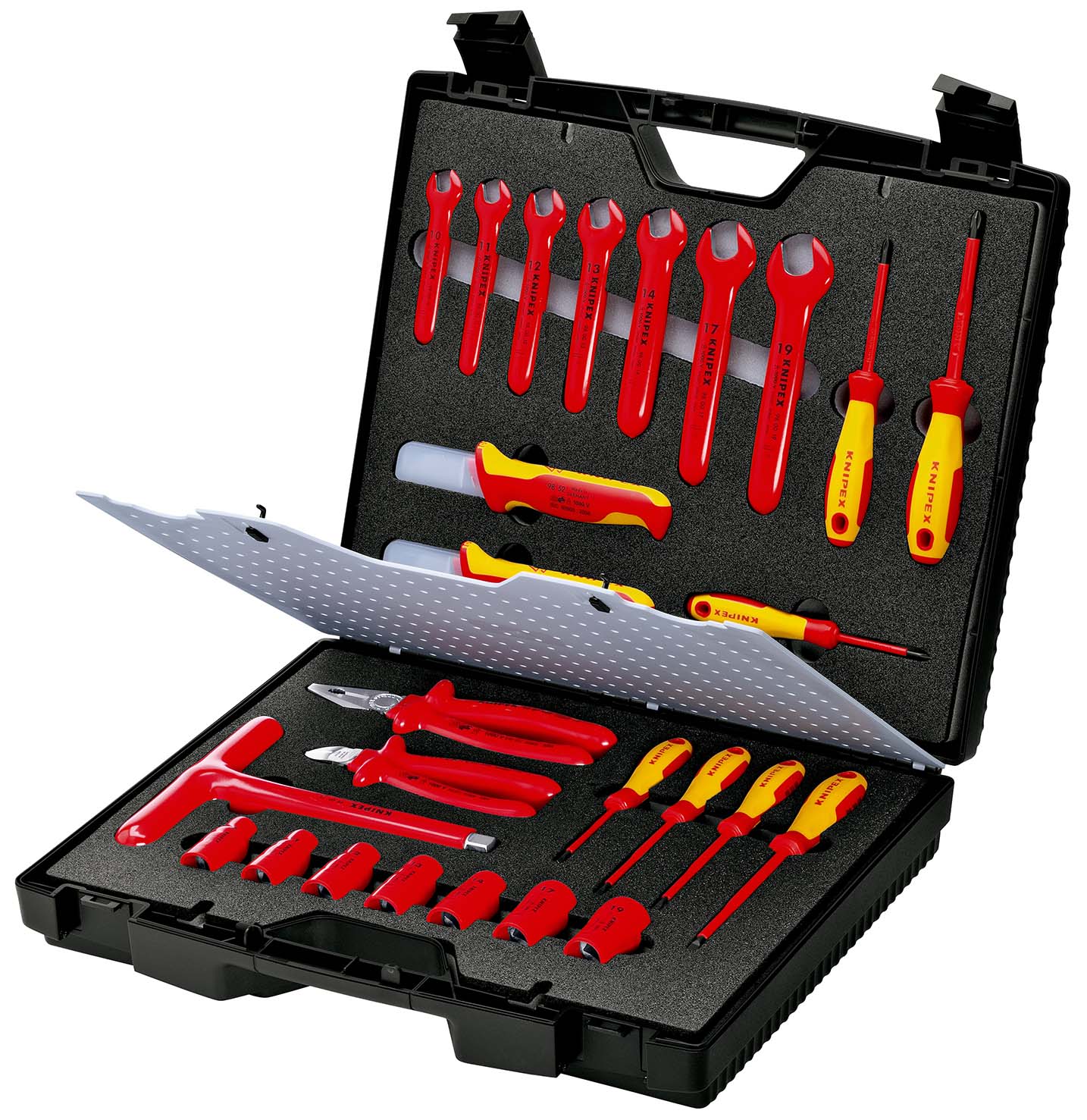 KNIPEX 98 99 12 Standardkoffer 26-teilig mit isolierten Werkzeugen für Arbeiten an elektrischen Anlagen Produktbild img1 L