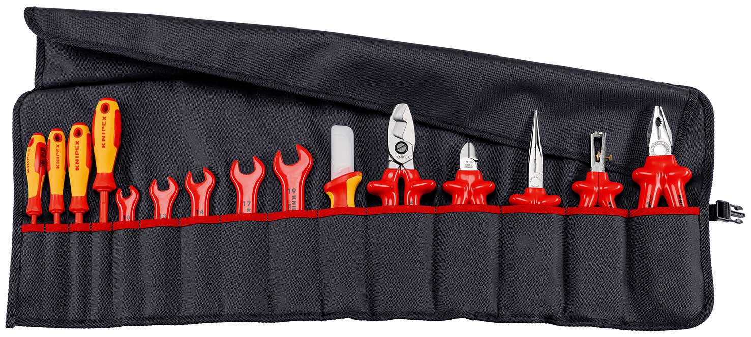 KNIPEX 98 99 13 Werkzeug-Rolltasche 15-teilig mit isolierten Werkzeugen für Arbeiten an elektrischen Anlagen Produktbild img1 L