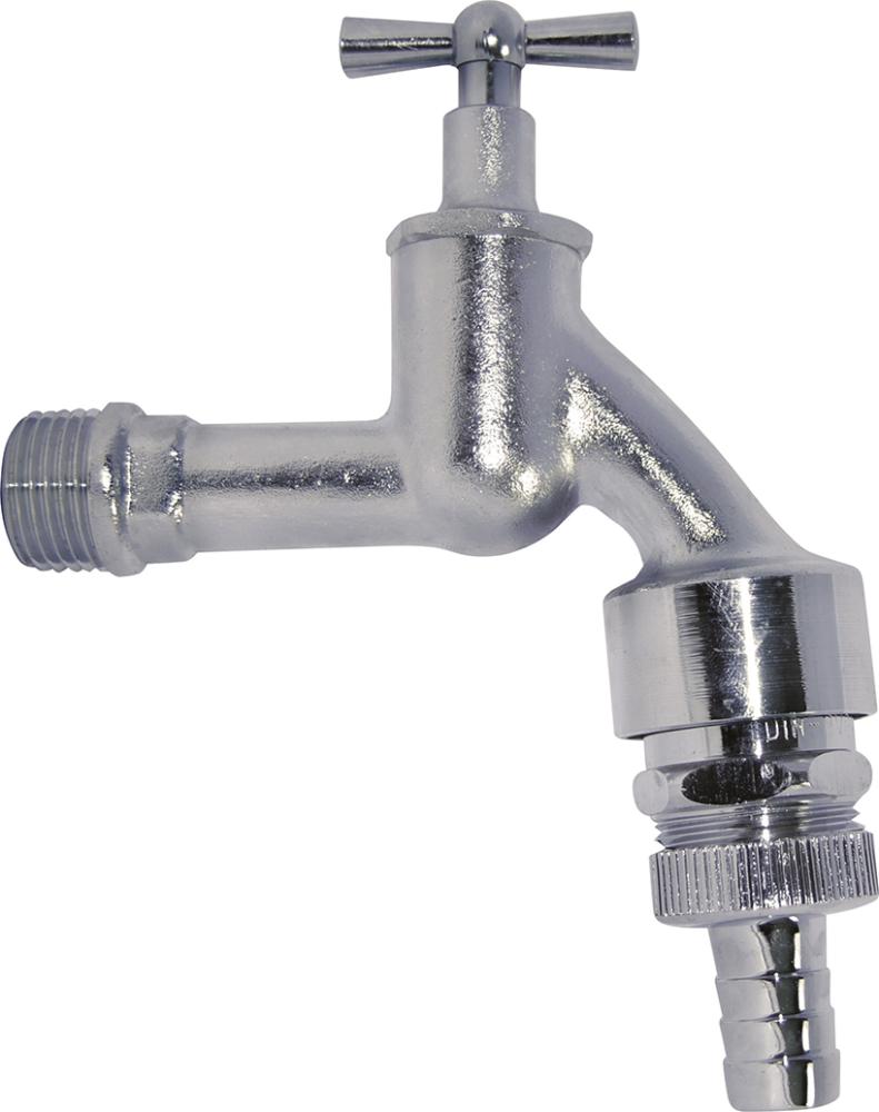MS Auslaufventil Knebelgriff, Chrom matt, 1/2"AG x 3/4"AG x 1/2"T, Rohrbelüfür , Rückflund verh. Produktbild img1 L