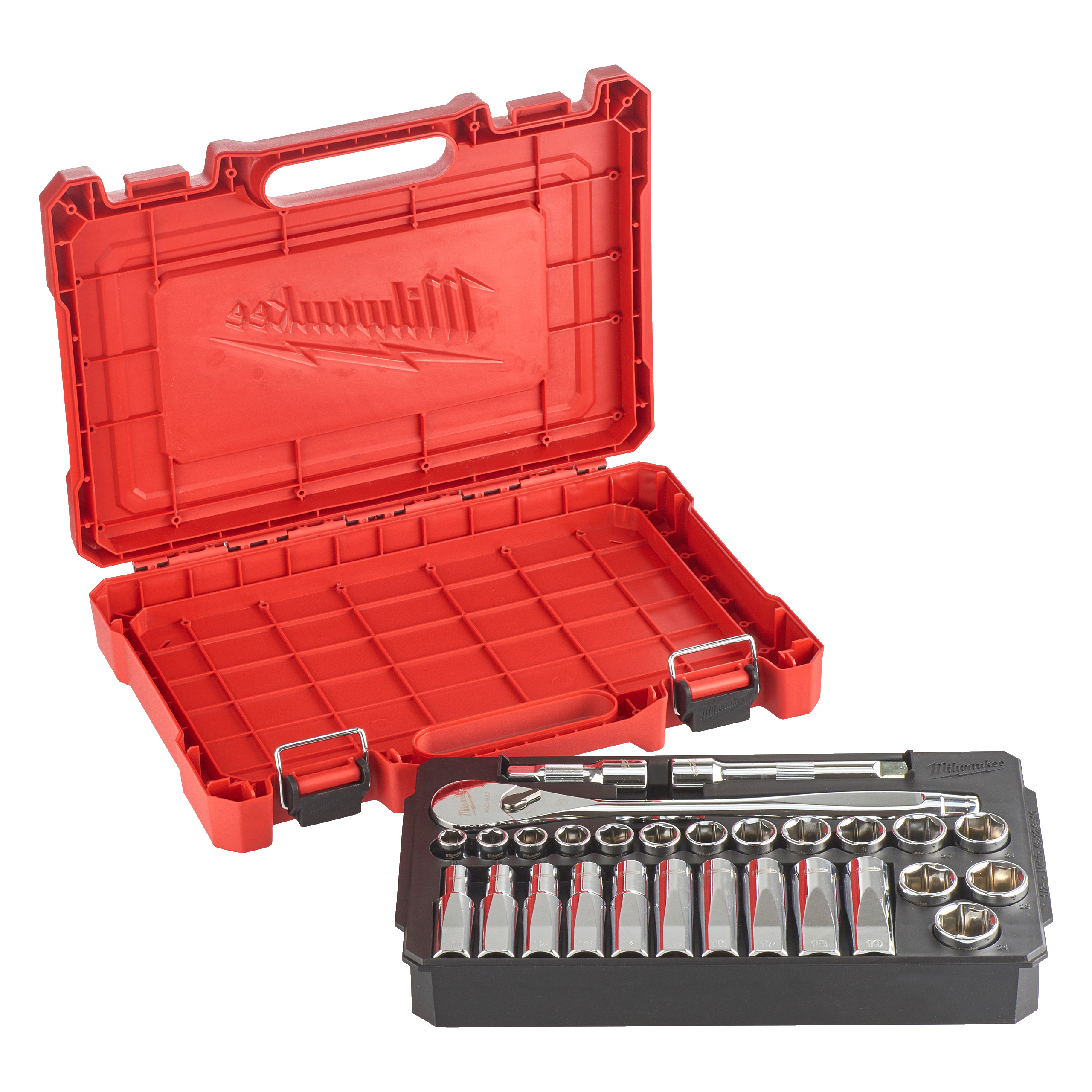 Ratschen- und Steckschlüsseleinsatz Set 1/2" metrisch, 28-teilig Milwaukee  Produktbild img1 L