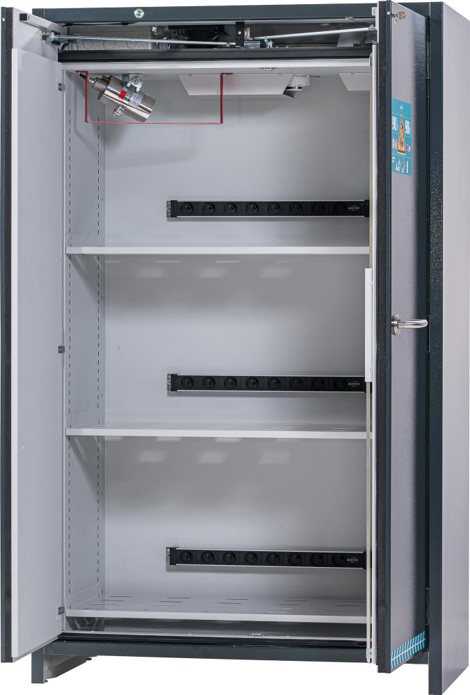 Sicherheitsschrank ION-ULTRA-90 RAL 7016 3x Steckdosenleiste 1x Bodenauffangwanne Produktbild img1 L