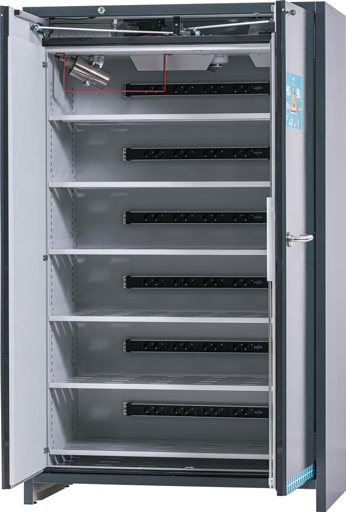 Sicherheitsschrank ION-ULTRA-90 RAL 7016 6x Steckdosenleiste 1x Bodenauffangwanne Produktbild img1 L