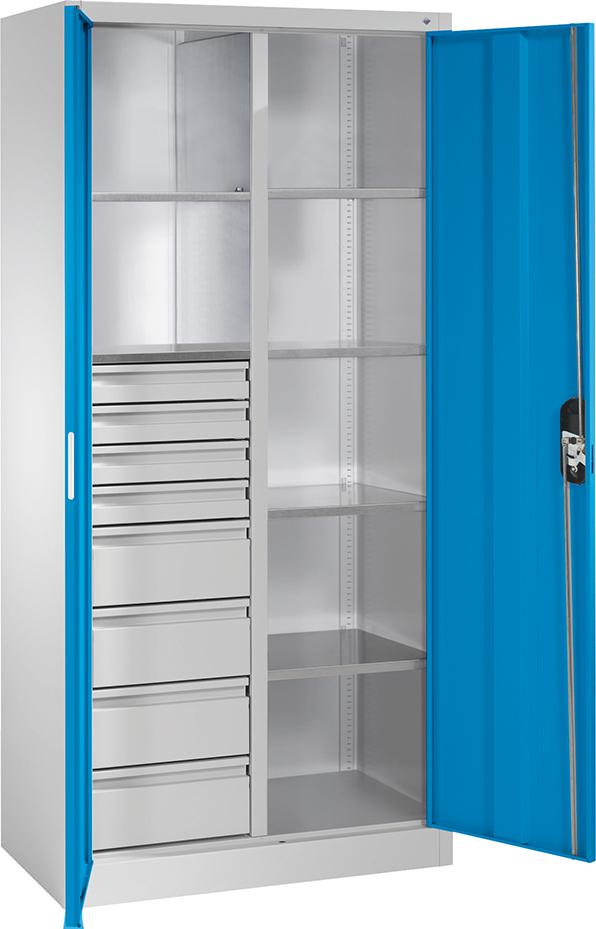 Flügeltürenschrank B930xT500xH1950 mm RAL7035/5012,8Schubladen mit Trennwand,6Fachböden Produktbild img1 L