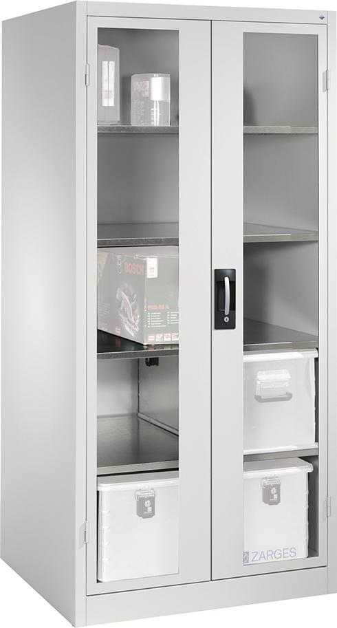 Flügeltürenschrank XXL B930xT800xH1950 mm RAL 7035, 4 Fachböden Türen mit Sichtfenster Produktbild img1 L