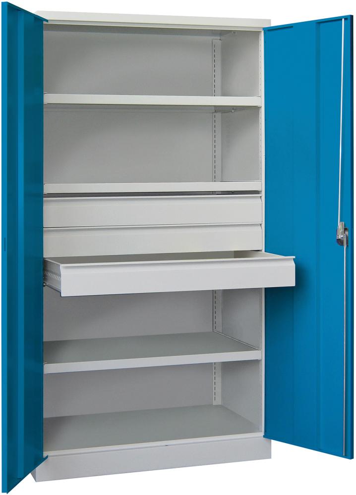 PAVOY Schwerlastschrank mit Türen 3 Fachböden 3 Schubladen B1040xT630xH1950mm RAL7035 Produktbild img1 L