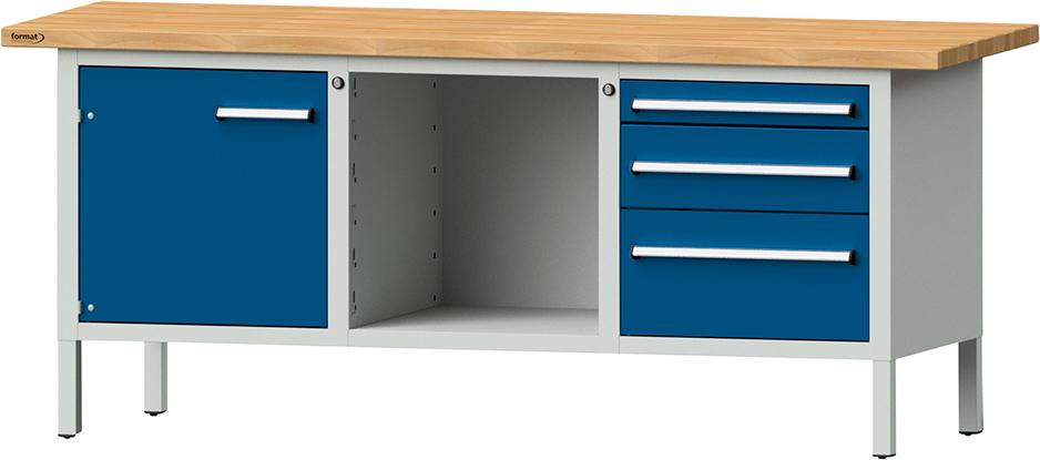 FORMAT Kastenwerkbank 40mm Platte B2000xT700xH840mm 3 Schubladen 1 Tür RAL7035/5010 Produktbild img1 L