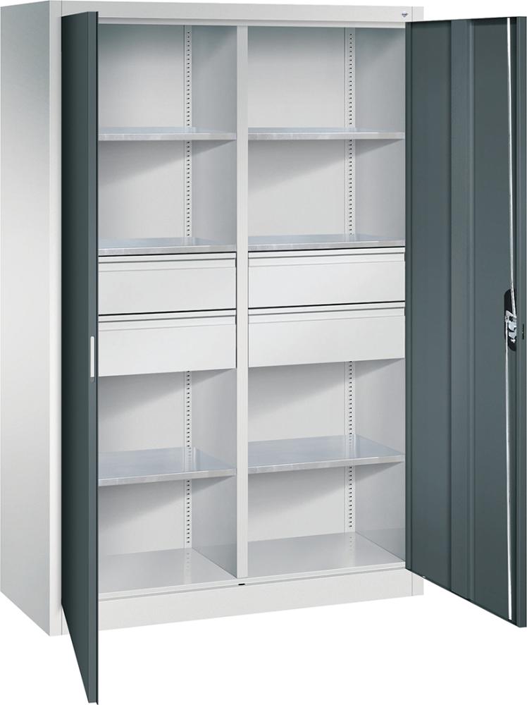 Flügeltürenschrank B1200xT500xH1950 mm RAL7035/7016,4Schubladen mit Trennwand,6Fachböden Produktbild img1 L