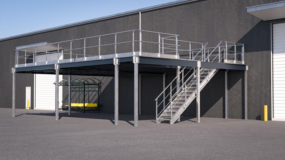 Lagerbühne Mezzastair B4000 x T4000 H3000mm Traglast 350kg/m2 mit Treppe und Geländer Produktbild img1 L