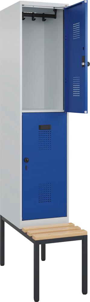 C+P Doppelst. Spind Evolo PLUS mit untergeb. Sitzb. B400xT500xH2120mm 1x2 Abt. RAL7035/5010 Produktbild img1 L