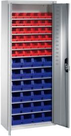 Lager-Regalschrank B700xT300xH1690 mm RAL 7035 mit Türen 11 Fachböden, 60 Kästen Produktbild