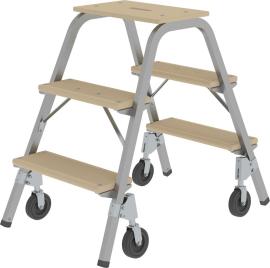 Stahl-Holz-Tritt fahrbar 3 Holzstufen 4 BockrollenHöhe Deckbrett 0,73 m Arbeitshöhe bis 2,60 m Produktbild