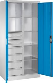 Flügeltürenschrank B930xT500xH1950 mm RAL7035/5012,8Schubladen mit Trennwand,6Fachböden Produktbild
