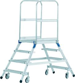 Podesttreppe, fahrbar, beidseitig begehbar, Stahlgitterrost-Stufen