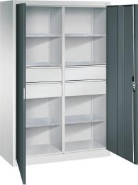 Flügeltürenschrank B1200xT500xH1950 mm RAL7035/7016,4Schubladen mit Trennwand,6Fachböden Produktbild