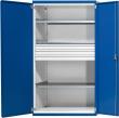 Schwerlastschrank B1085xT630xH1950mm RAL7035/5010 o.Mittelwand3Böden,3Schubladen 100kg Produktbild img1 S