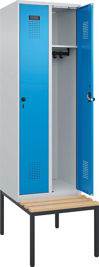 C+P Spind Evolo PLUS Sitzbank Holzleisten 2 Abteile B600xT815xH2120mm RAL7035 RAL5012 Produktbild img2 L