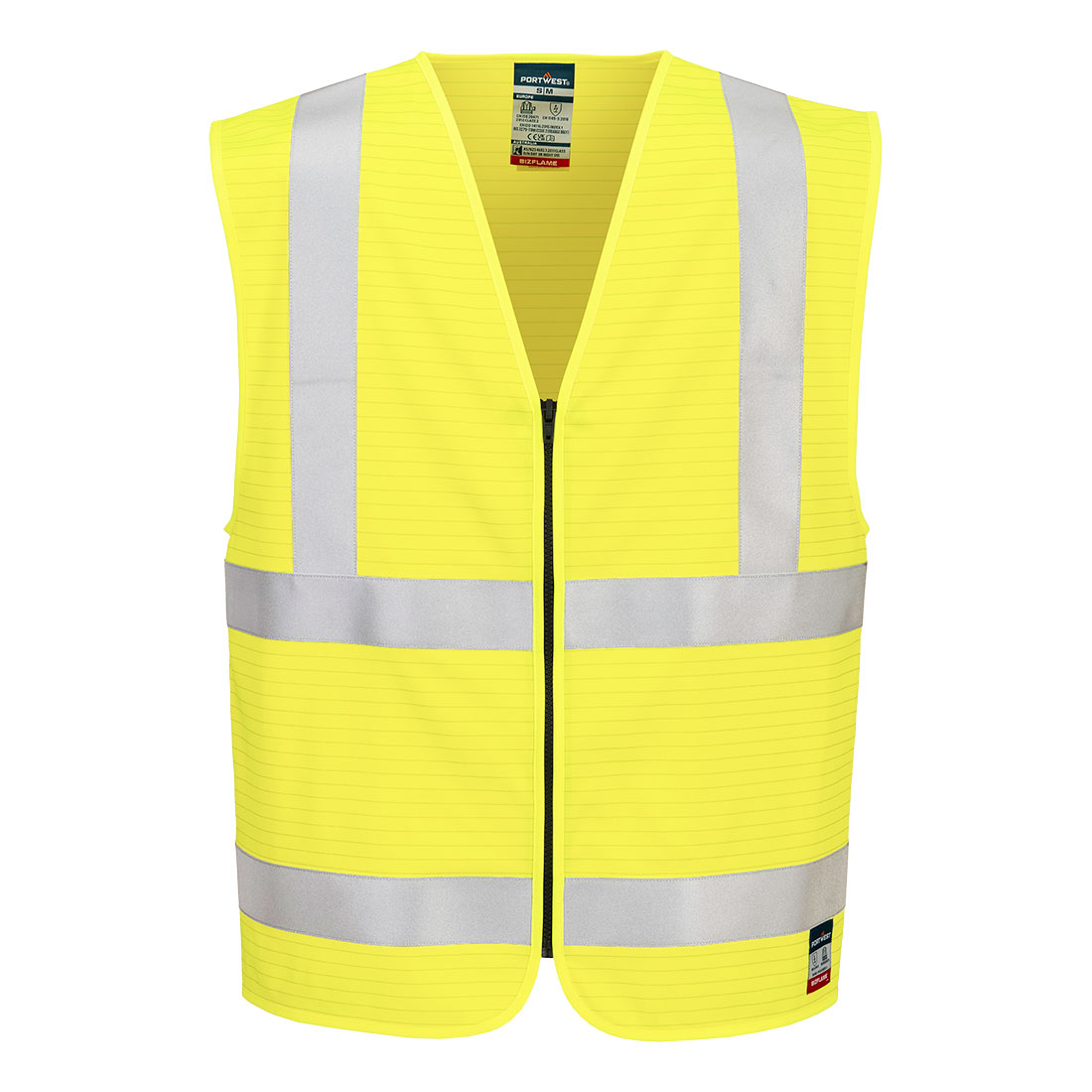 Warnschutz Weste mit Reißverschluss, Bizflame Hi-Vis FR, Gr. S/M, warngelb inkl. Transferdruck "Rohrleitungsbau Münster", ca. 5 x 5 cm, 1-farbig dunkelblau Produktbild img1 L
