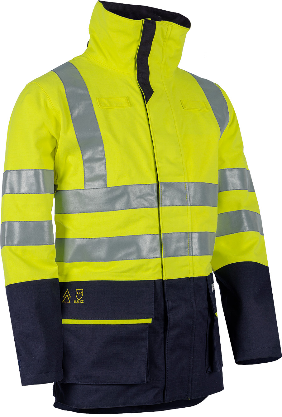 Warnschutz-Regenblouson mit ARC Schutz (Kl 2), Kelford, l.gelb/marine, Gr. L, mit Fleecejacke Obaix, Sioen, inkl. Transferdruck "Rohrleitungsbau Münster", ca. 5 x 5 cm, 1-farbig blau Produktbild img1 L