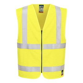 Warnschutz Weste mit Reißverschluss, Bizflame Hi-Vis FR, Gr. S/M, warngelb inkl. Transferdruck "Rohrleitungsbau Münster", ca. 5 x 5 cm, 1-farbig dunkelblau Produktbild