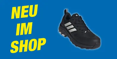 Blauer Hintergrund. Im Vordergrund steht "Neu im Shop", auf der rechten Seite wird ein Schuh der Marke Adidas abgebildet.