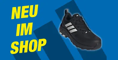 Blauer Hintergrund. Im Vordergrund steht "Neu im Shop", auf der rechten Seite wird ein Schuh der Marke Adidas abgebildet.