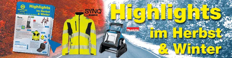 Werbebanner „Highlights im Herbst & Winter“ mit herbstlich-winterlichem Hintergrund. Abgebildet sind ein Aktionsprospekt, eine gelbe Warnschutzjacke von SYNQ sowie eine Makita Arbeitsleuchte. Rechts steht groß der gelbe Schriftzug „Highlights im Herbst & Winter“.