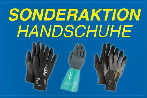 Werbebanner mit blauem Hintergrund und gelber Schrift „Sonderaktion Handschuhe“. Darunter sind verschiedene Arbeitshandschuhe in Schwarz und Grau abgebildet, unter anderem Modelle der Marke HyFlex und ein grüner Schutzhandschuh.