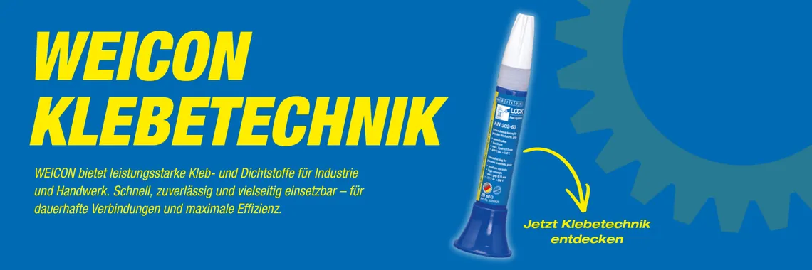 Werbebanner mit blauem Hintergrund und gelber Schrift „Weicon Klebetechnik“. Rechts ist eine blaue Klebstofftube abgebildet, daneben ein Pfeil mit dem Hinweis „Jetzt Klebetechnik entdecken“. Unten steht ein kurzer Beschreibungstext zu leistungsstarken Kleb- und Dichtstoffen für Industrie und Handwerk.