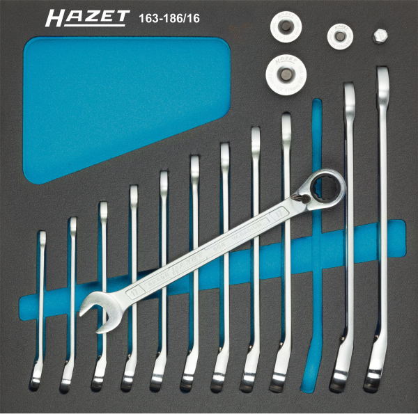 Hazet Knarren Ring-Maulschlüssel Satz ∙ mit Vierkant-Adaptern 163-186/16 ∙ Außen Doppel-Sechskant-Tractionsprofil ∙ 8 – 19 ∙ Anzahl Werkzeuge: 16 Produktbild img1 L