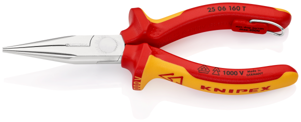 KNIPEX 25 06 160 T Flachrundzange mit Schneide (Radiozange) 160 mm verchromt isoliert mit Mehrkomponenten-Hüllen, VDE-geprüft; mit integrierter isolierter Befestigungsöse zum Anbringen einer Absturzsicherung SB-Karte/Blister Produktbild img1 L