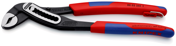 KNIPEX 88 02 250 T Alligator® Wasserpumpenzange 250 mm schwarz atramentiert mit schlanken Mehrkomponenten-Hüllen, mit integrierter Befestigungsöse zum Anbringen einer Absturzsicherung poliert SB-Karte/Blister Produktbild img1 L