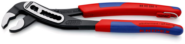 KNIPEX 88 02 250 T Alligator® Wasserpumpenzange 250 mm schwarz atramentiert mit schlanken Mehrkomponenten-Hüllen, mit integrierter Befestigungsöse zum Anbringen einer Absturzsicherung poliert SB-Karte/Blister Produktbild img2 L