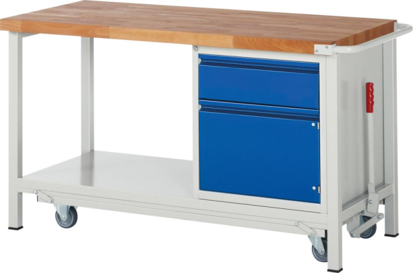 Werkbank fahrbar B1500xT700xH880mm RAL 7035/5010 BMP: 40mm 1 Schublade,1 Tür, absenk Produktbild img1 L