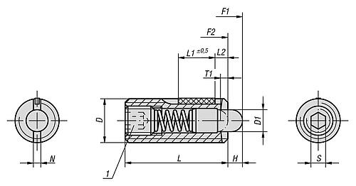 KIPP Federnde Druckstücke mit Innensechskant und Druckstift, Stahl, Standard Federkraft, mit Gewindesicherung Produktbild img2 L