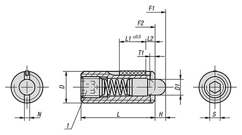 KIPP Federnde Druckstücke mit Innensechskant und Druckstift, Edelstahl, Standard Federkraft, mit Gewindesicherung Produktbild img2 L