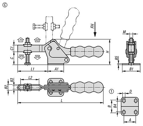 SCHNELLSPANNER, FUß WAAGRECHT, F.MESSTECHNIK, F2=3400, VERSTELLB. ANDRUCKSPINDEL, H=66,5, L=225, FORM:C, Produktbild img2 L