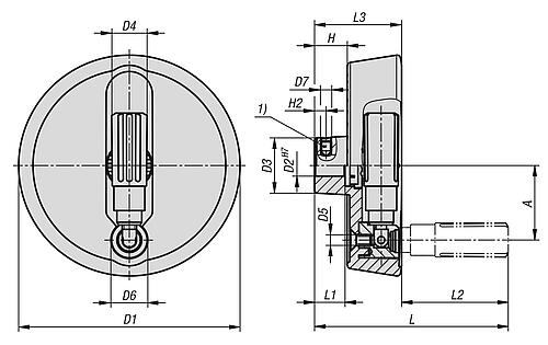 KIPP Scheibenhandräder Aluminium mit Zylindergriff umlegbar, Form A, mit Passbohrung und Querbohrung Produktbild img2 L