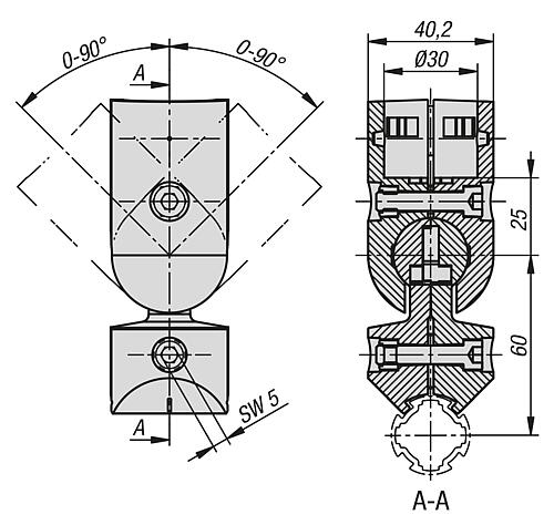 KUGELVERBINDER Ø30 MIT VERDREHSICHERUNG, TYP I, P=Ø30 ALUMINIUM Produktbild img2 L
