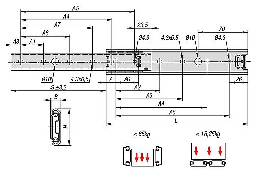 KIPP Teleskopschienen Edelstahl für Seitenmontage, Teilauszug, Tragkraft bis 65 kg Produktbild img2 L