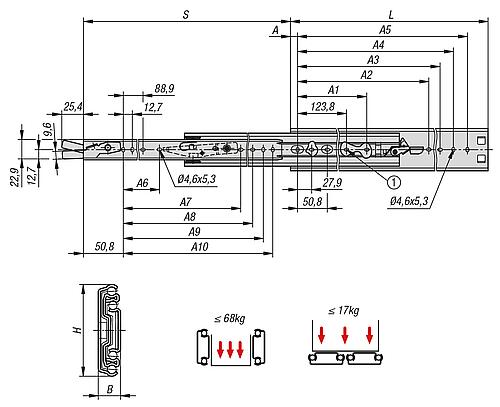 KIPP Teleskopschienen Stahl für Seitenmontage, Überauszug, Tragkraft bis 68 kg Produktbild img2 L