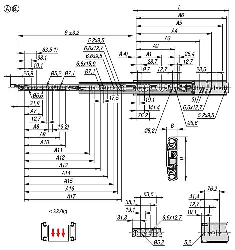 KIPP Teleskopschienen Stahl für Seitenmontage, Vollauszug, Tragkraft bis 272 kg, Form A, links Produktbild img2 L