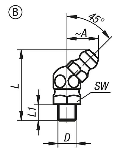 KIPP Schmiernippel Kegelform nach DIN 71412, Form B, abgewinkelt 45°, Sechskant Produktbild img2 L