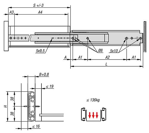 KIPP Teleskopschienen Stahlfür Seitenmontage, Vollauszug, Tragkraft bis 136 kg Produktbild img2 L